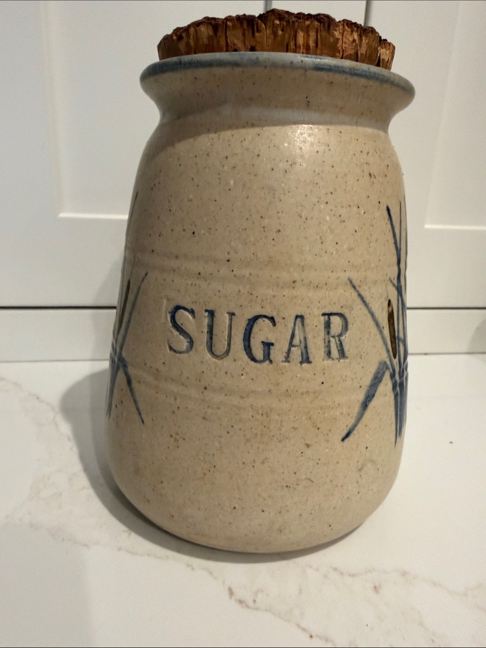 Vintage, Hand Thrown Studio Pottery BLUE CATTAILS Sugar canister, signed